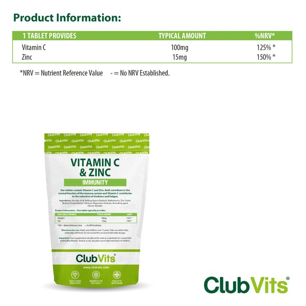 Vitamin C & Zinc Tablets | Immunity Health | Club Vits - ClubVitsUK